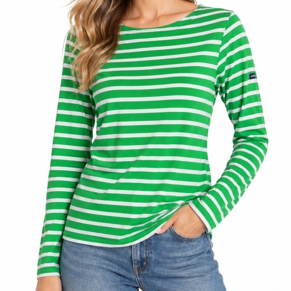 Saint James L'Atelier Breton Shirt Green White Stripe Cotton Top Size S